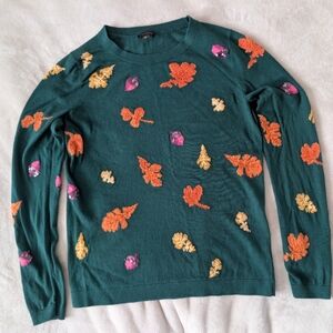 Green Knit Sweater With Autumn Leaves And Acorns